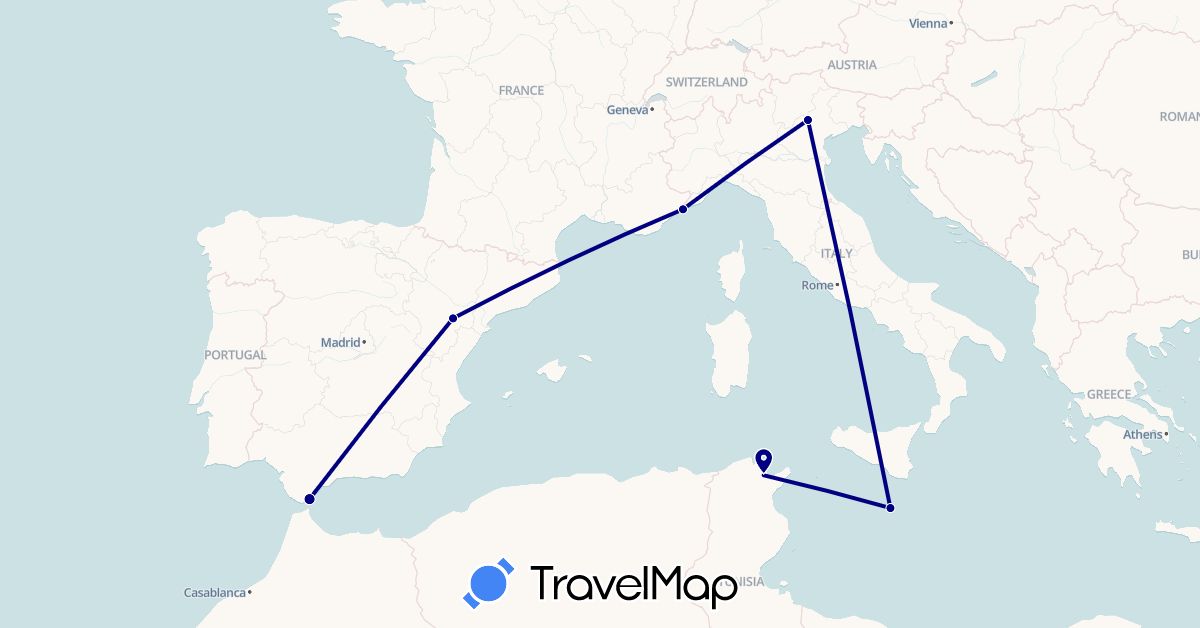 TravelMap itinerary: driving in Spain, Gibraltar, Italy, Monaco, Malta, Tunisia (Africa, Europe)